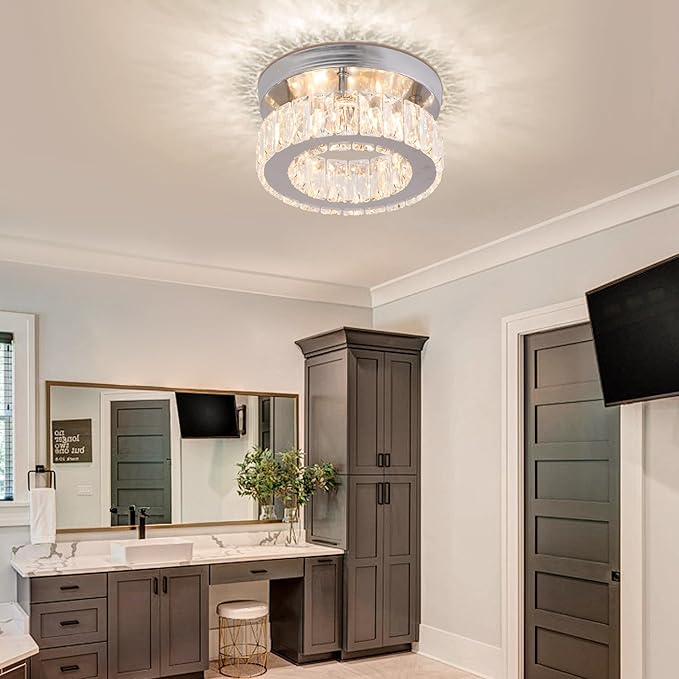 Small Modern Small Crystal LED Chandelier Mini Flush Mount Round Ceiling Light Fixture K9 Crystal Ceiling Lamp for Dining Room Living Room Bedroom (Warm White)