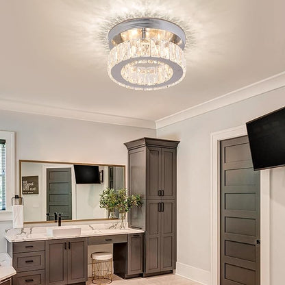 Small Modern Small Crystal LED Chandelier Mini Flush Mount Round Ceiling Light Fixture K9 Crystal Ceiling Lamp for Dining Room Living Room Bedroom (Warm White)