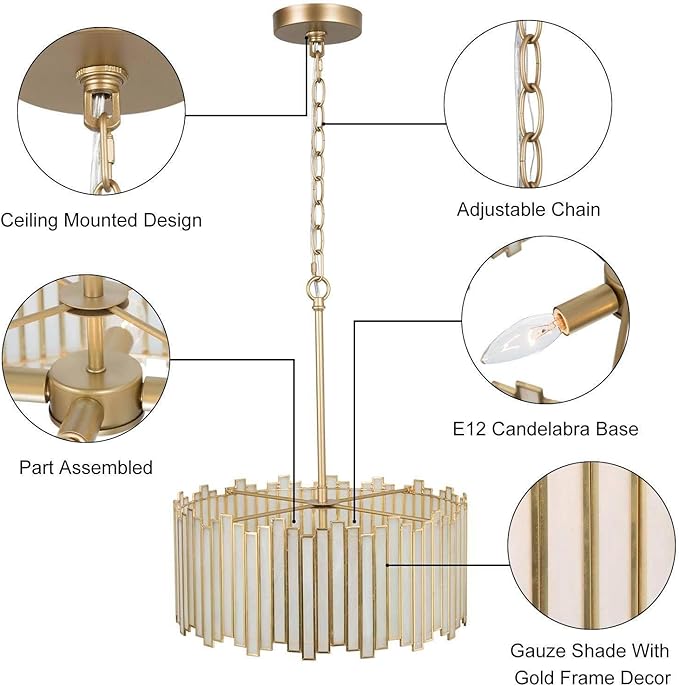 KSANA Gold Drum Chandelier, Modern Drum Pendant Light Fixture with Cream Glass Shade for Dining & Living Room, Bedroom, Foyer and Kitchen