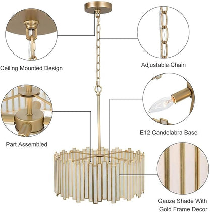 KSANA Gold Drum Chandelier, Modern Drum Pendant Light Fixture with Cream Glass Shade for Dining & Living Room, Bedroom, Foyer and Kitchen