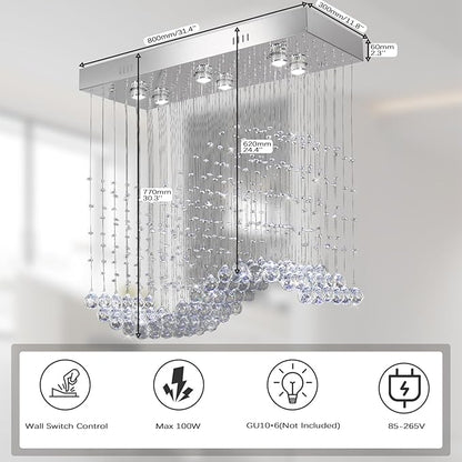 Finktonglan Linear Crystal Chandelier for Kitchen Island, 31.5'' Rectangular K9 Crystal Island Chandelier, 6-Light GU10 Height Adjustable Modern Dining Room Ceiling Light