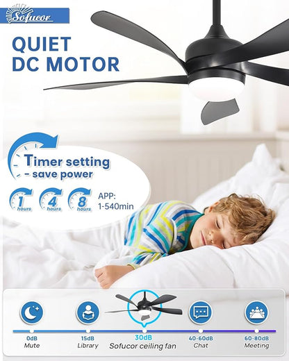 Sofucor 45" Smart Ceiling Fan, Indoor/Outdoor Black Ceiling Fans with Lights and Remote, Works with Alexa/Google/App, 3-Color Light 6-Speed Timing Reversible DC Motor for Bedroom Living Room Patio