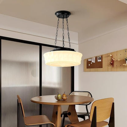 LIGHTLAND Milk Glass Pendant Light, 13.8 Inch Mid Century Semi Flush Mount Ceiling Light Fixture with 39.4 Inch Adjustable Chain, Vintage Chandelier for Bedroom, Living Room, Dining Room, Hallway