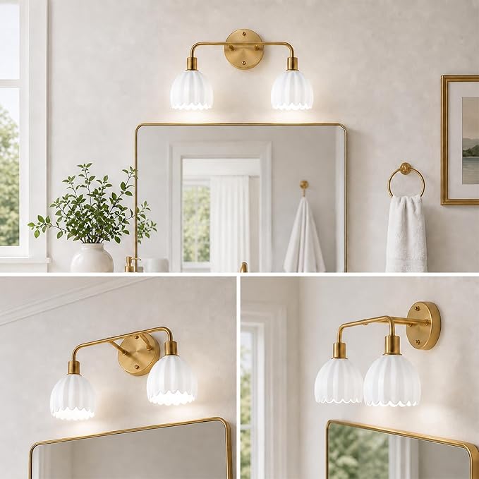 2-Light Gold Brass Bathroom Light Fixture,Wall Sconces,Brushed Gold Vanlity Light Over Mirror,Bathroom Vanity Light with White Glass Flower Shade,E26 Socket(Bulbs Not Included)
