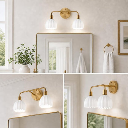 2-Light Gold Brass Bathroom Light Fixture,Wall Sconces,Brushed Gold Vanlity Light Over Mirror,Bathroom Vanity Light with White Glass Flower Shade,E26 Socket(Bulbs Not Included)