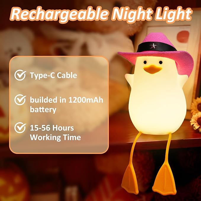 Anywin Cute Benson Ducks Night Light, Squishy Touch Silicone Animal Nursery Bedside Lamp, Dimmer & Rechargeable, Birthday Gift for Boys, Girls, Teens (Pink Duck)