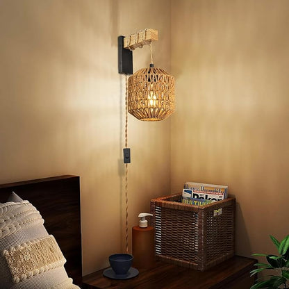 Boho Hanging Wall Light Plug in,Vintage Farmhouse Wall Sconces Set of Two with Rattan Shade for Bedroom Living Room-Black