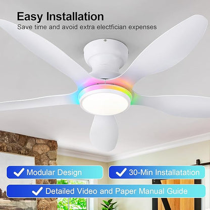 Ceiling Fans with Lights, 46 inch Modern Low Profile Ceiling Fan with Light and Remote App Control, Flush Mount, Quiet DC Reversible, RGB Led Ceiling Fan for Bedroom Kitchen Indoor/Outdoor Patio White