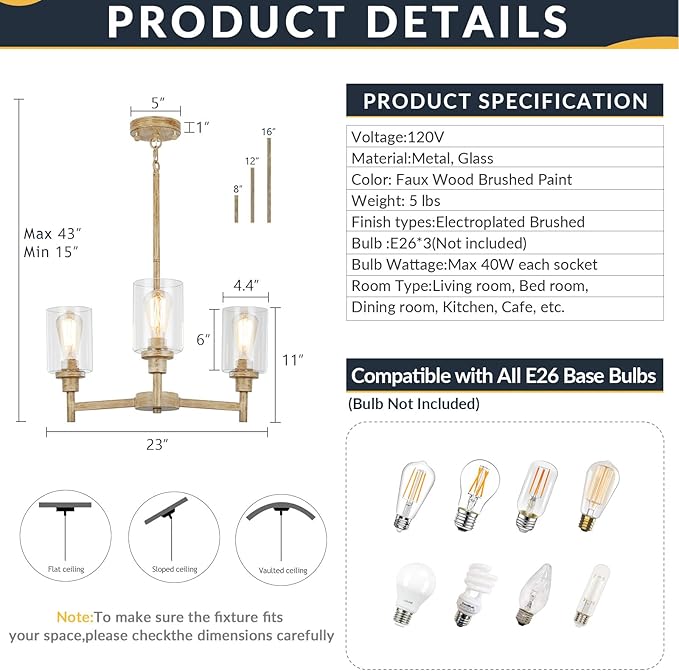 3 Light Farmhouse Chandelier | Rustic Chandeliers for Dining Room Light Fixtures | Fake Wood Hanging Lighting with Clear Glass Cover for Kitchen Island | Entryway | Bathroom | Corridor | Hallway