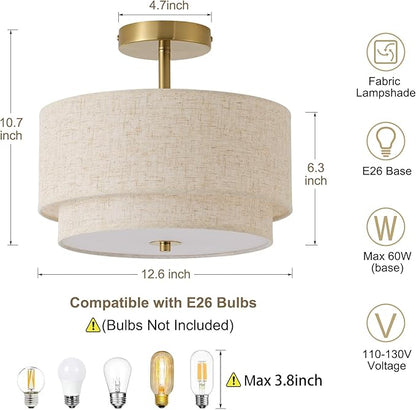 12.6" Flush Mount Ceiling Light Fixture,Gold 3-Light Modern Ceiling Light with Fabric Shade in Double Drum-Shape for Bedroom Hallway Nursery Living Room Kitchen Island(2-Tier Gold)