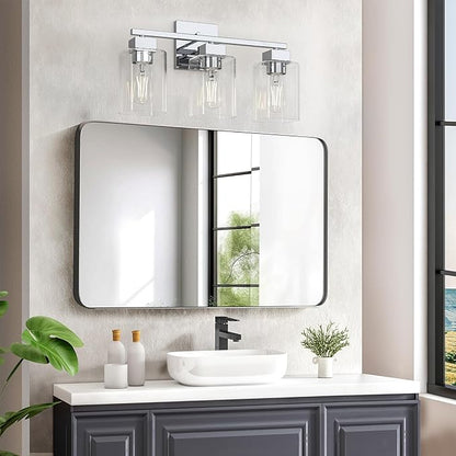 Chrome Bathroom Vanity Light - 3 Light Bathroom Light Fixture Square Design & UL Certification, Bath Room Lighting Fixtures Over Mirror, Modern Vanity Lighting Fixture for Living Room