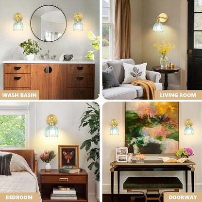 Vintage Battery Operated Wall Sconce, Sky Blue Tulip Glass Lampshade Wireless Rechargeable Battery Powered LED Wall Light with Remote Dimmable for Bedside Bedroom Doorway Living Room, Set of 2