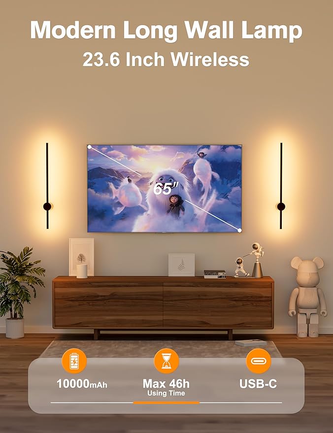 JOFIOS Battery Operated Wall Sconces Set of 2,10000mAh Rechargeable Wireless Sconces with Remote Control,Dimmable Wall Lamps with 7 Colors,23.6 Inch Modern Black Wall Lights for Bedroom, Living Room