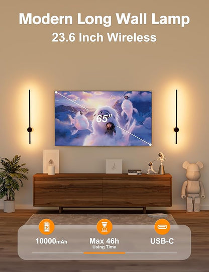 JOFIOS Battery Operated Wall Sconces Set of 2,10000mAh Rechargeable Wireless Sconces with Remote Control,Dimmable Wall Lamps with 7 Colors,23.6 Inch Modern Black Wall Lights for Bedroom, Living Room