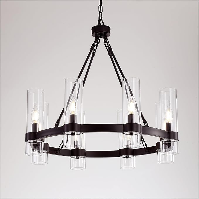 26 Inch Black Wagon Wheel Chandelier with Glass Shade, 8 Lights, Modern Farmhouse Style, Ideal for Dining Room, Kitchen, Entryways