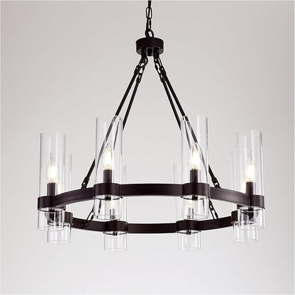 26 Inch Black Wagon Wheel Chandelier with Glass Shade, 8 Lights, Modern Farmhouse Style, Ideal for Dining Room, Kitchen, Entryways
