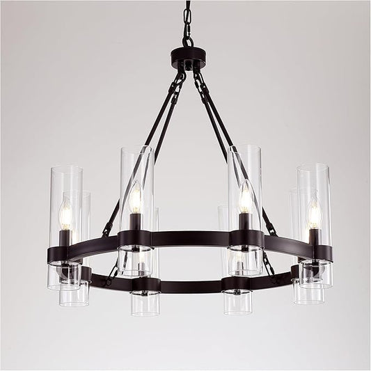 26 Inch Black Wagon Wheel Chandelier with Glass Shade, 8 Lights, Modern Farmhouse Style, Ideal for Dining Room, Kitchen, Entryways