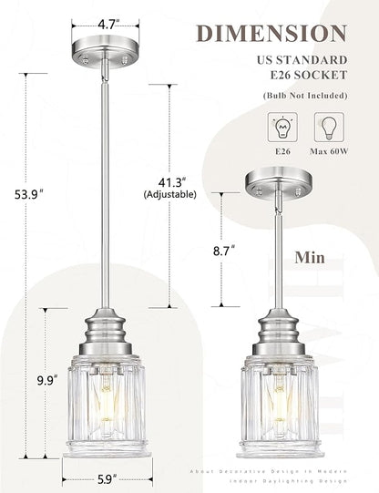 2 Packs Farmhouse Pendant Light Fixtures, HWH 1-Light Hanging Lighting, Kitchen Pendant Lighting Over Island, Brushed Nickel and Bell-Shaped Fluted Clear Glass, 5HZG106MIL-2L BN