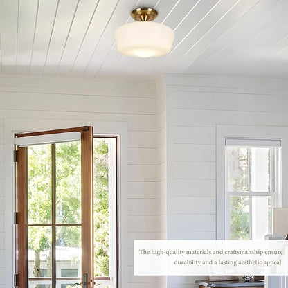 Schoolhouse Style Semi Flush Mount Ceiling Light with Dimmable Bulb Remote Control, 12" Modern Gold Hallway Ceiling Lamp with Opal Milk Glass Shade, Farmhouse Globe Light for Bedroom Kitchen Laundry