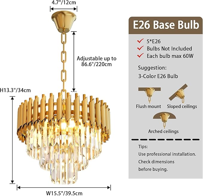 Modern Gold Crystal Chandelier, 16" 5-Light Round Chandelier,3 Tiers Ceiling Pendant Light, Adjustable Hanging Chandeliers for Dining Room, Foyer, Living Room, Staircase