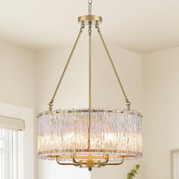 CATINER 20" Crystal Glass Chandelier Modern 6-Light Gold Drum Chandeliers Luxury Ceiling Pendant Lighting for Entryway Foyer Dining Room Bedroom Kitchen