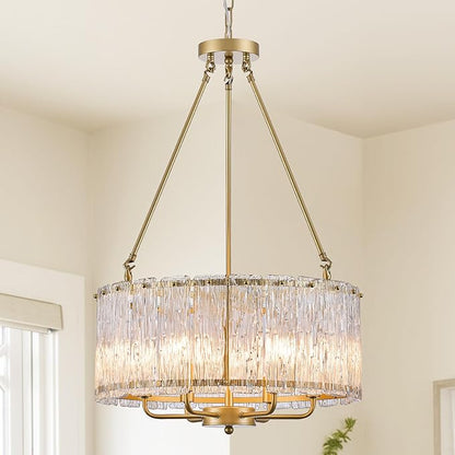 CATINER 20" Crystal Glass Chandelier Modern 6-Light Gold Drum Chandeliers Luxury Ceiling Pendant Lighting for Entryway Foyer Dining Room Bedroom Kitchen