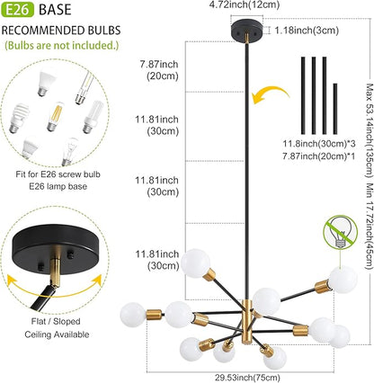 Sputnik Chandeliers Black and Gold Chandelier Modern Pendant Light Fixture Mid Century Industrial Ceiling Lighting 10 Lights for Dining Room, Kitchen, Bedroom, Living Room and Farmhoue