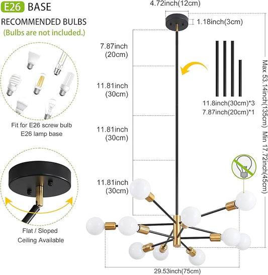 Sputnik Chandeliers Black and Gold Chandelier Modern Pendant Light Fixture Mid Century Industrial Ceiling Lighting 10 Lights for Dining Room, Kitchen, Bedroom, Living Room and Farmhoue