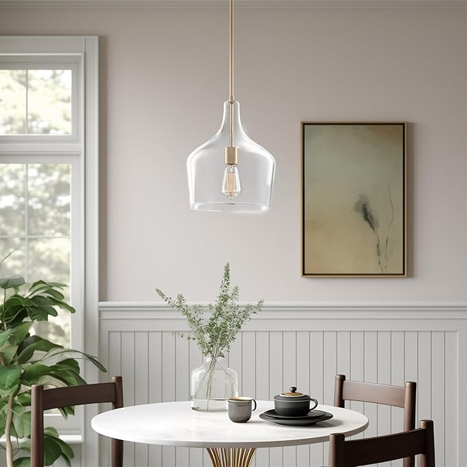 Kira Home Lucy 16" Modern Large Glass Pendant Light, Farmhouse Gold Hanging Light with Clear Vase Glass Shade, Cool Brass Finish