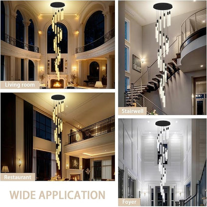 12FT Black Crystal Chandelier 26-Lights Modern LED Dimmable Pendant Lighting High Ceiling Hanging Fixture for Foyer Entryway Staircase Living Room Dining Room Villa Luxury Glam Ceiling Light