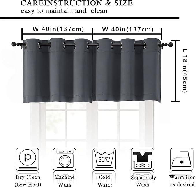 Simplebrand Grey Kitchen Valances for Windows 18 Inches Long 2 Pack, Room Darkening Window Valances for Living Room, Grommet Short Straight Drape Kitchen Curtains for Bedroom Kids Room, 40Wx18L