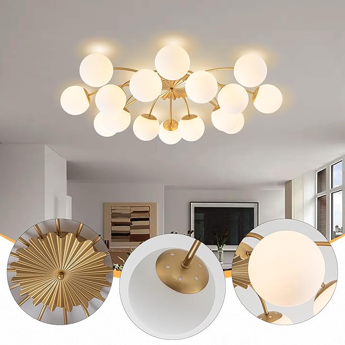 Longree 16-Light Mid Century Modern Sputnik Chandelier Brushed Gold Flush Mount Ceiling Lights with Blossom Accent Milk Glass Globe Bubble Light Fixture for Dining Living Bedroom