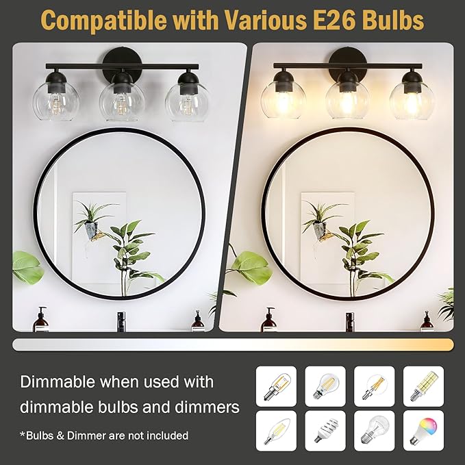 3 Light Bathroom Vanity Light, Black Vanity Light with Globe Glass Shades, Farmhouse Bathroom Light Fixtures Over Mirror, Modern Wall Lights for Bedroom Hallway, E26 Socket
