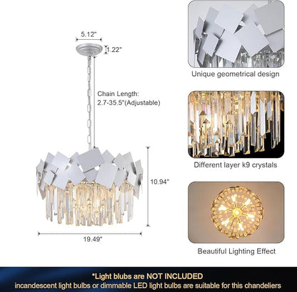 Modern Crystal Chandeliers 20" Silver Round Chandelier Luxury K9 Crystal Drum Chandeliers Kitchen Light Fixture Flush Mount Chandelier for Kitchen Island Living Room Dining Room Foyer Bedroom