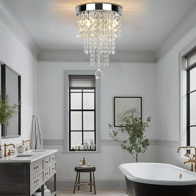 Modern 3 Light Crystal Chandelier,Silver Raindrop Crystal Ceiling Light,Small Flush Mount Ceiling Light Fixture for Hallway, Bedroom, Bathroom, Closet