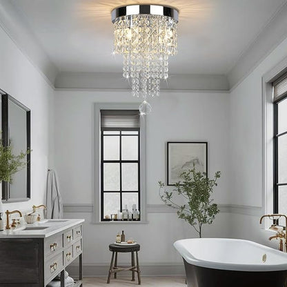 Modern 3 Light Crystal Chandelier,Silver Raindrop Crystal Ceiling Light,Small Flush Mount Ceiling Light Fixture for Hallway, Bedroom, Bathroom, Closet