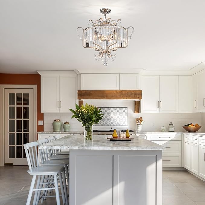 Modern Crystal Chandelier for Dining Room 24" Brushed Nickel Light Fixtures 6-Light Farmhouse Pendant Lighting for Kitchen Island Bedroom Hallway Entryway