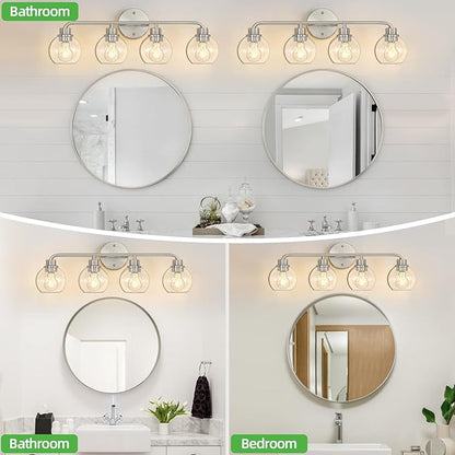 Bathroom Light Fixtures Brushed Nickel Vanity Light Silver 4 Light Modern Wall Sconces Lighting Bathroom Lights with Globe Glass Shade Bath Wall Lights for Mirror Kitchen Living Room Hallway 27 Inch