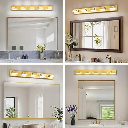 LED Modern Bathroom Light Fixtures, 5-Light 40-Inch Gold Vanity Lights for Bathroom Lighting Fixtures Over Mirror, 6000K Cool White 350° Rotatable Wall Lamp