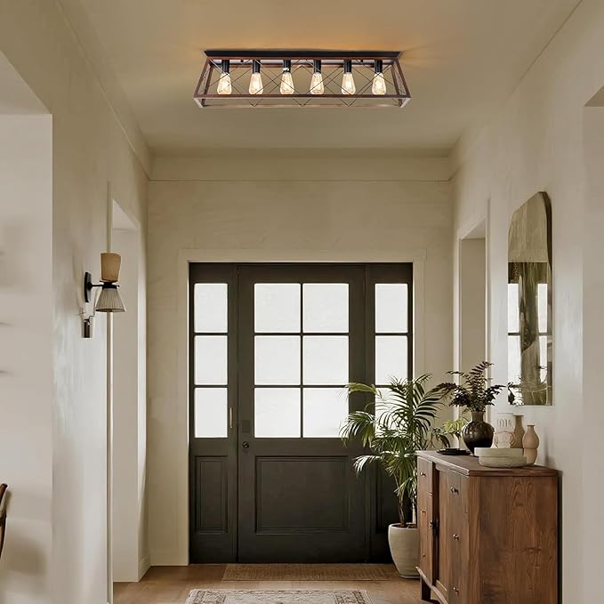 38" Large Brushed Bronze Flush Mount Ceiling Light Fixture, 6-Light Vintage Industrial Cage Chandelier for Dining Room Kitchen Island Living Room Hallway Entryway, Farmhouse Close to Ceiling Lighting