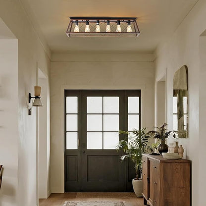 38" Large Brushed Bronze Flush Mount Ceiling Light Fixture, 6-Light Vintage Industrial Cage Chandelier for Dining Room Kitchen Island Living Room Hallway Entryway, Farmhouse Close to Ceiling Lighting