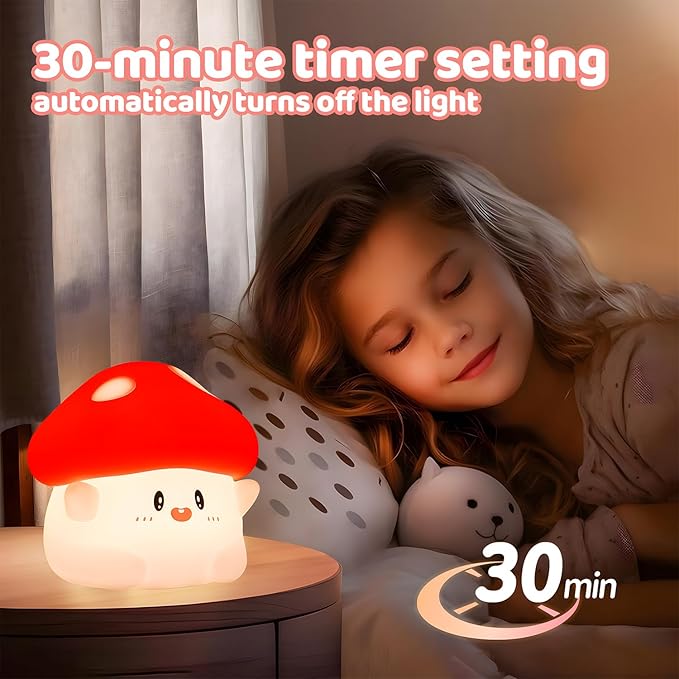 Mushroom Night Light, Squishy Silicone Lamp - Tap Control 2 Brightness, 50H Battery & Auto Timer, Cute Mothers Day Gifts for Kids, Bedside Nursery Desk Mushroom Decor