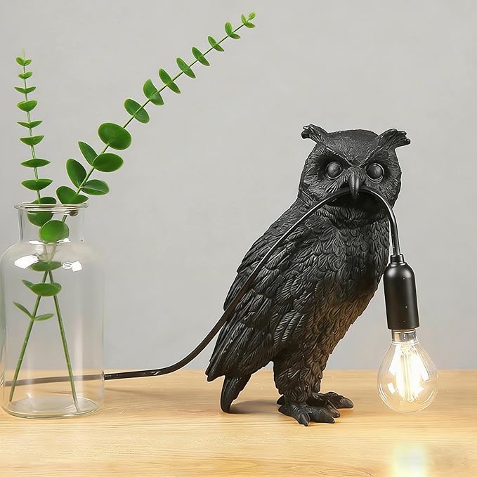 Resin Owl Table Lamp Themed Animal Desk Lamp Art Bird Night Light Lamp for Bedside,Living Room,Office Decor,AC 110V (Black Owl Lamp)