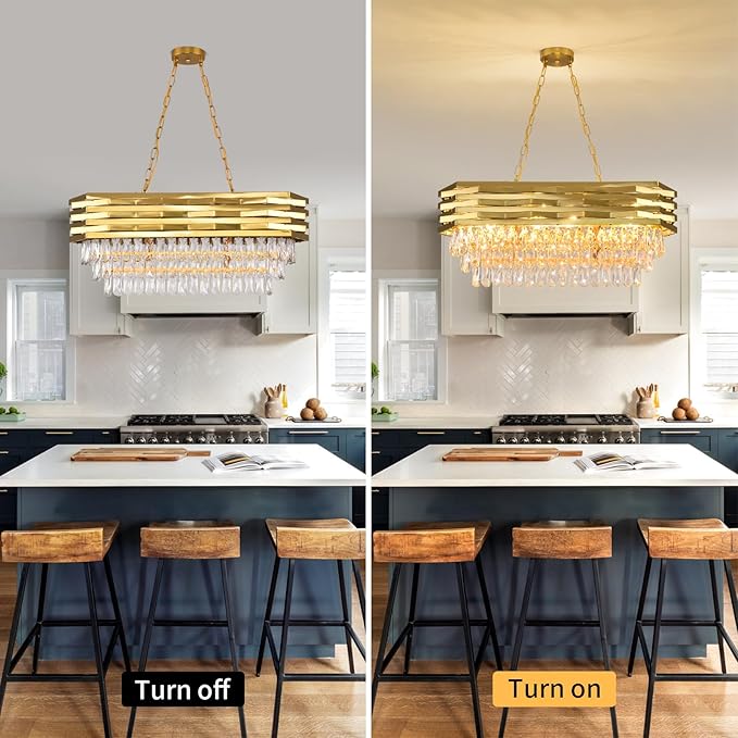 Gold Modern Crystal Chandeliers for Dining Room 8-Light Gold Chandelier Living Room Dining Room Chandelier Oval Ceiling Hanging Light Pendant Light Fixture for Kitchen Island Bar L32 inch