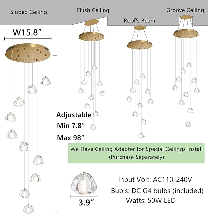 HAIXIANG Glam Chandelier with LED Dimmable Bulbs Bubble Crystal Balls Glam Chandeliers High Ceiling Pendants Light Fixtures Adjustable Long Lights Gold Light