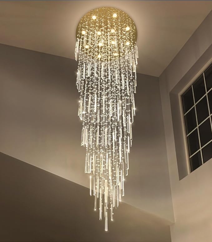 98'' Modern Crystal Chandelier High Ceiling Chandeliers for Entryway Large Raindrop Chandeliers LED Dimmable Flush Mount Light Fixtures for Staircaes Foyer Hallway Living Room LED Bulbs Included Gold