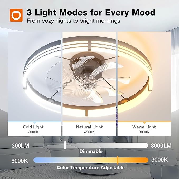 addlon Ceiling Fans with Lights and Remote, 24'' Low Profile Ceiling Fans, 3000-6000K Dimmable Modern Flush Mount LED Fan Light, Fandelier Ceiling Fan for Bedroom, Kitchen, Living Room