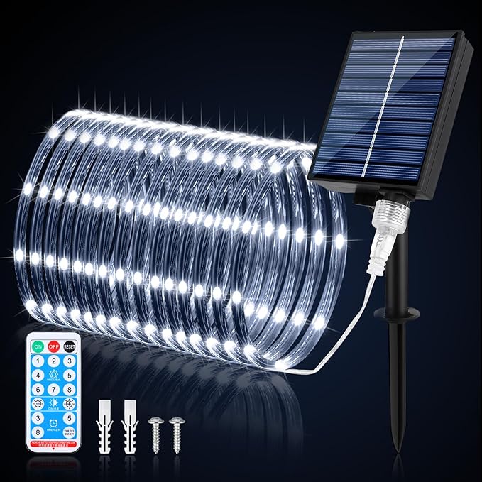 WIND STAR Solar Rope Lights, 72FT 200 LEDs Dimmable Solar String Lights Outdoor with Remote, 8 Modes Tube Lights IP67 Waterproof for Yard Patio Garden Tree Fence Party, White