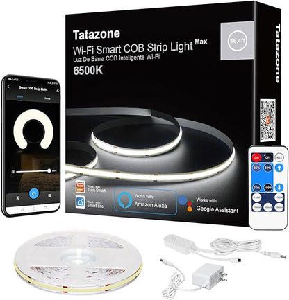 Tatazone 16.4ft 6500K WiFi COB Led Strip Light with App and Remote, Compatible with Alexa and Google, Dimmable Cool White Indoor COB Led Lights for Stair, Kitchen, Cabinet