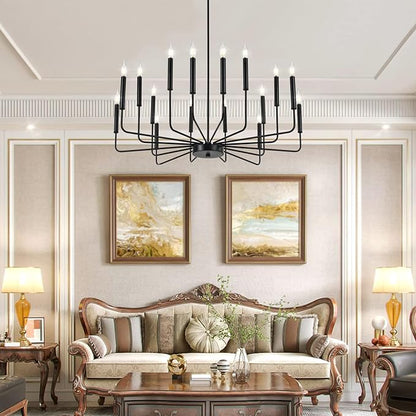 WOKNOS Modern Black Farmhouse Chandeliers, 16-Light Industrial Metal Chandelier Lighting, Classic Candle Hanging Pendant Light Fixtures for Kitchen Island, Living Room, Dining Room, Stair